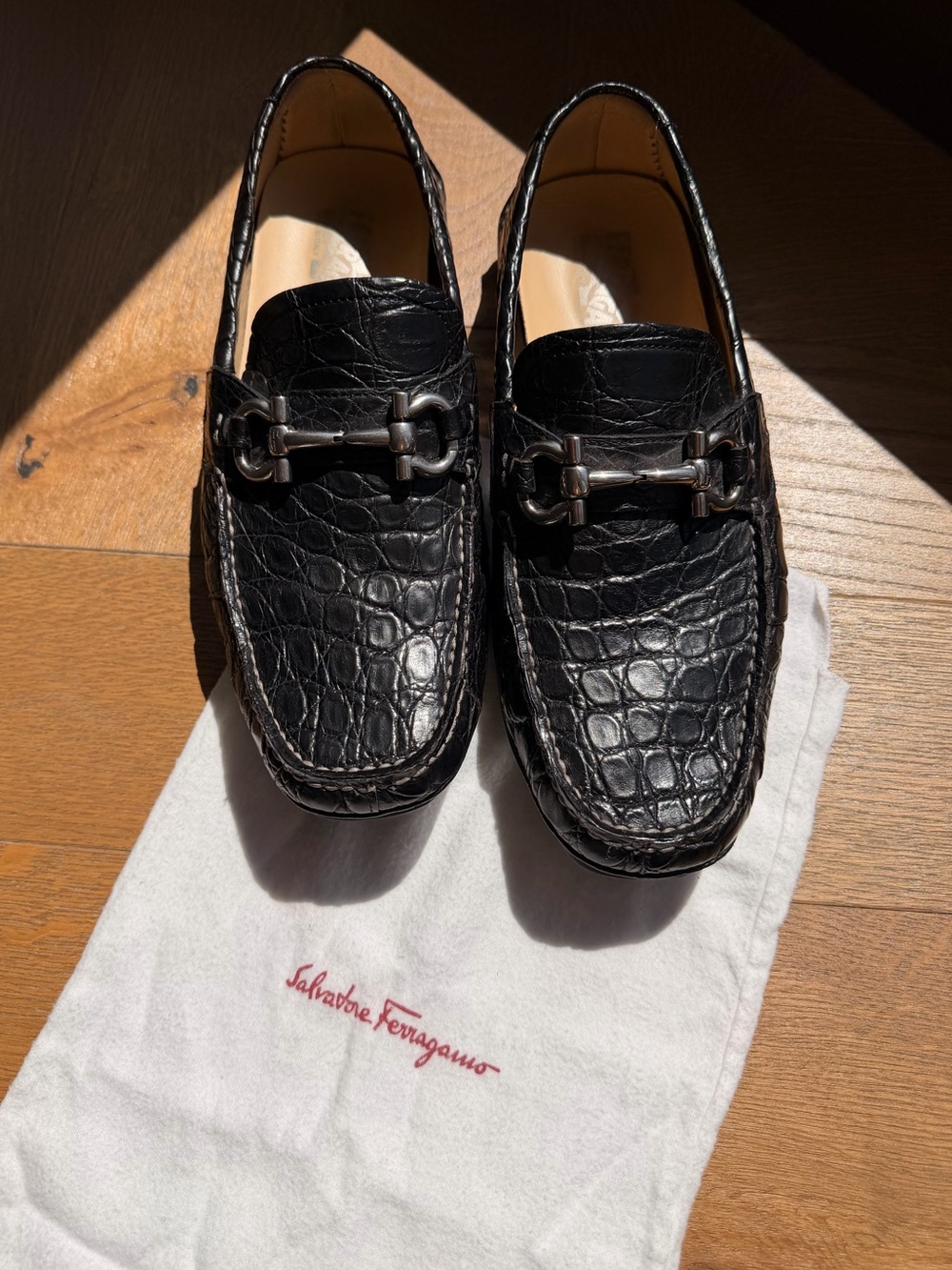 Salvatore Ferragamo Black Crocodile Leather Parigi Loafers